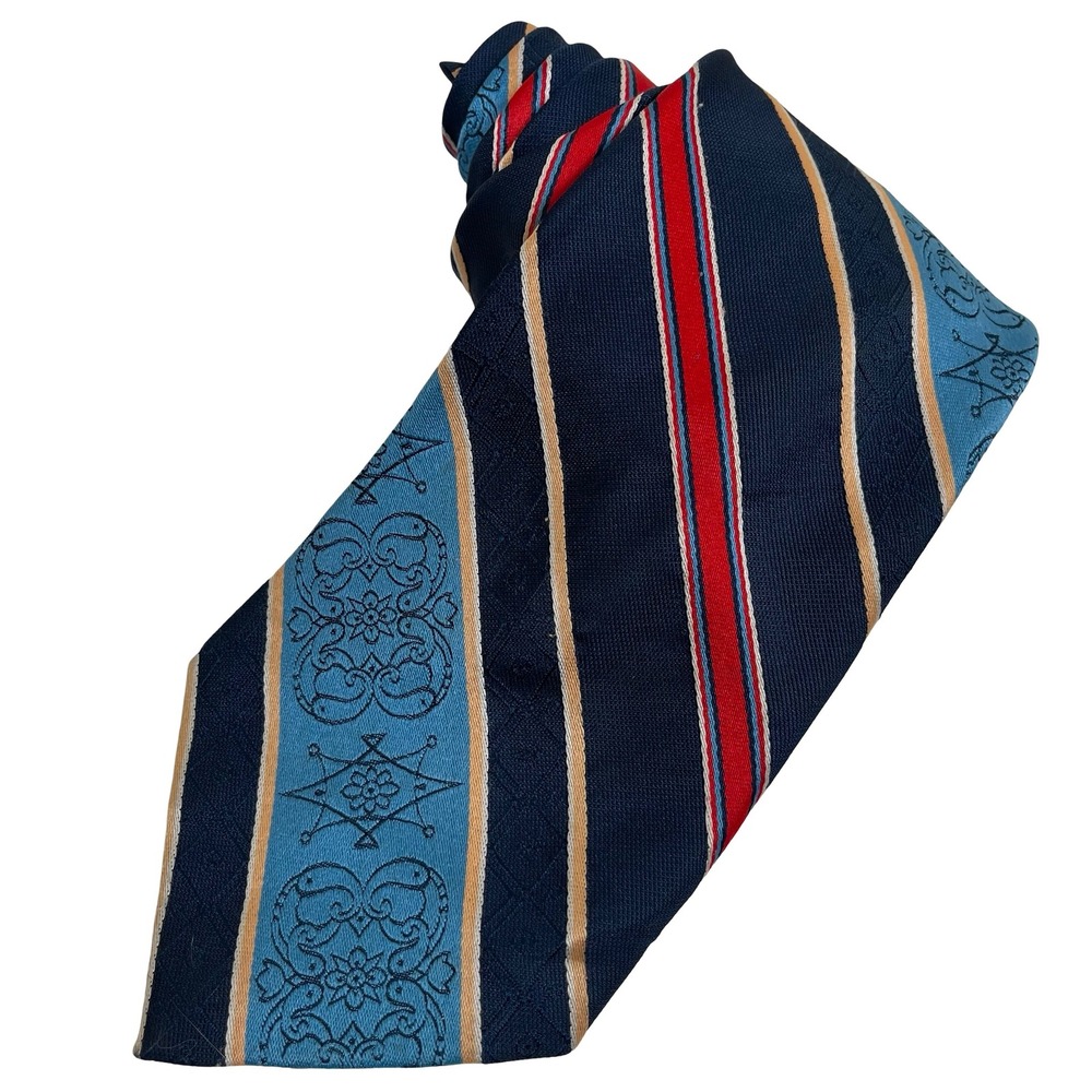 Vintage Necktie Mens Blue Red Gold Striped Medallion Pattern Wide Tie 70s Retro